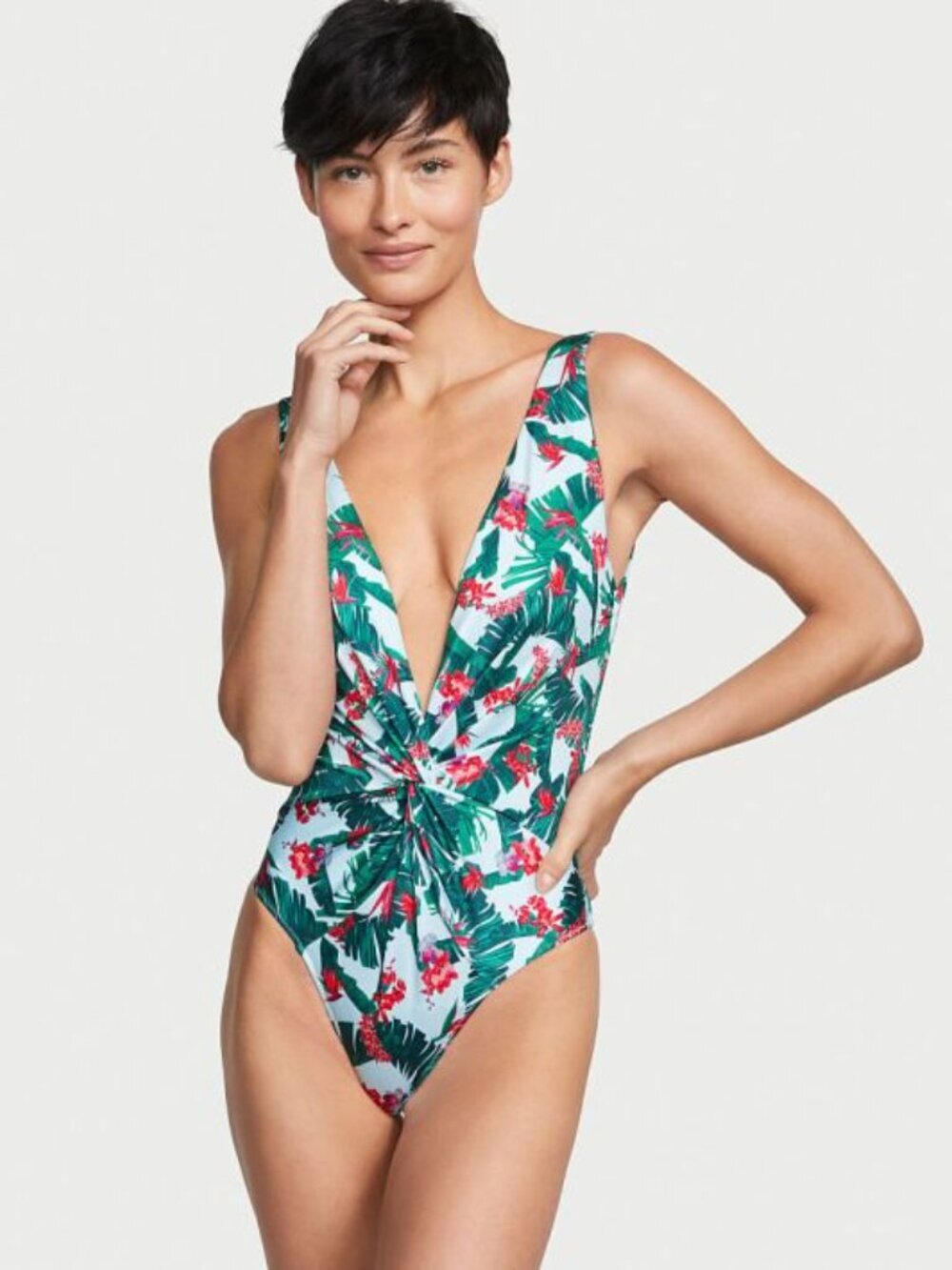 Victoria's Secret Twist Plunge Swimsuit Blue Palm